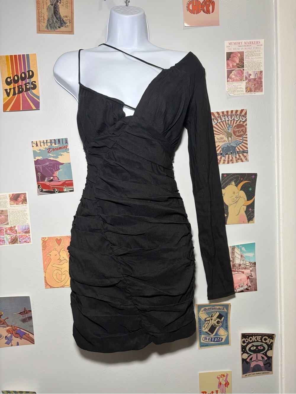 Zara Black Asymmetrical One-Shoulder Ruched Mini Dress